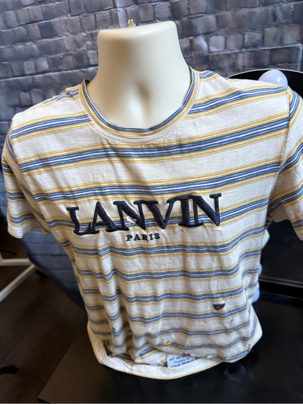 Lanvin Striped Short-Sleeve Crewneck Tee in White, Blue and Yellow